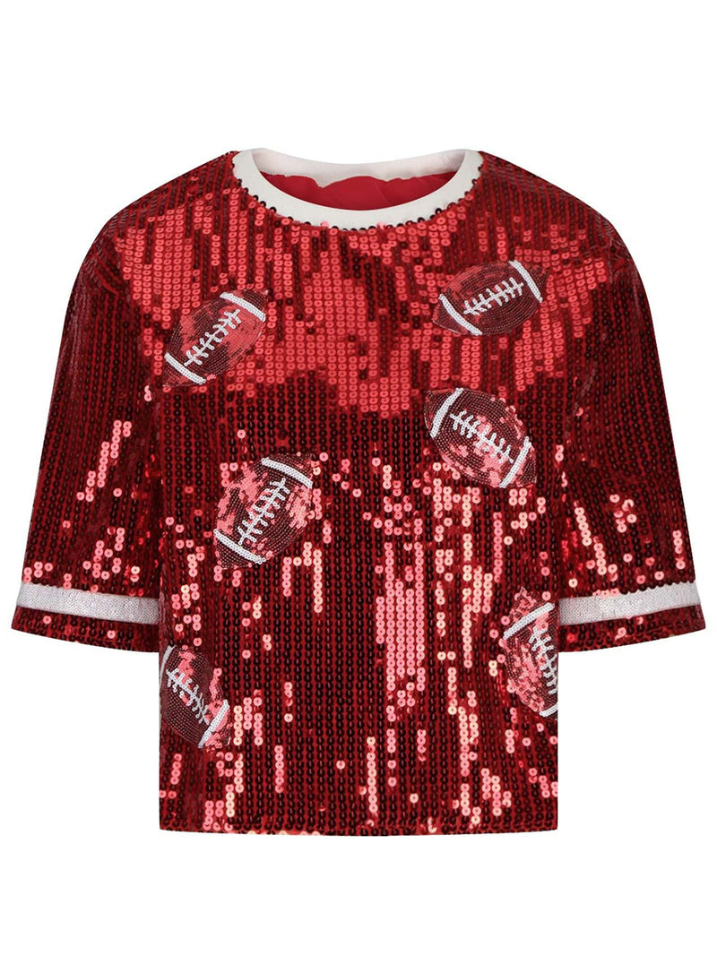 Sequin Football Round Neck Half Sleeve Top (Online Only)