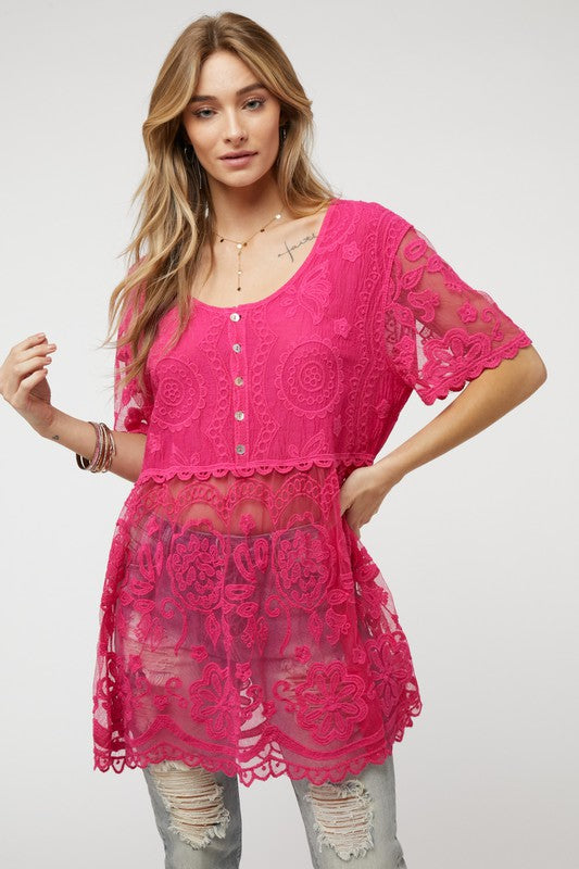 Crochet Round Neck Button Down Top  (Online Only/Ships from USA)