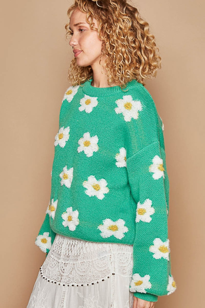 Daisy Pattern Drop Shoulder Sweater (Online Only/Ships from USA)