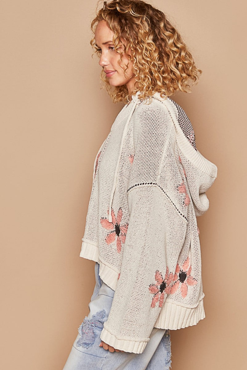 POL Floral Pattern Hooded High-Low Sweater (Online Only/Ships from USA)