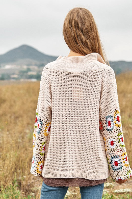 Crochet Floral Printed Long Sleeve Knit Cardigan  (Online Only/Ships from USA)