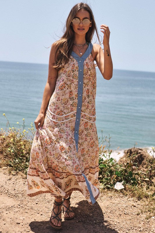 Floral Border Printed V-Neck Sleeveless Maxi Dress (Online Only/Ships from USA)
