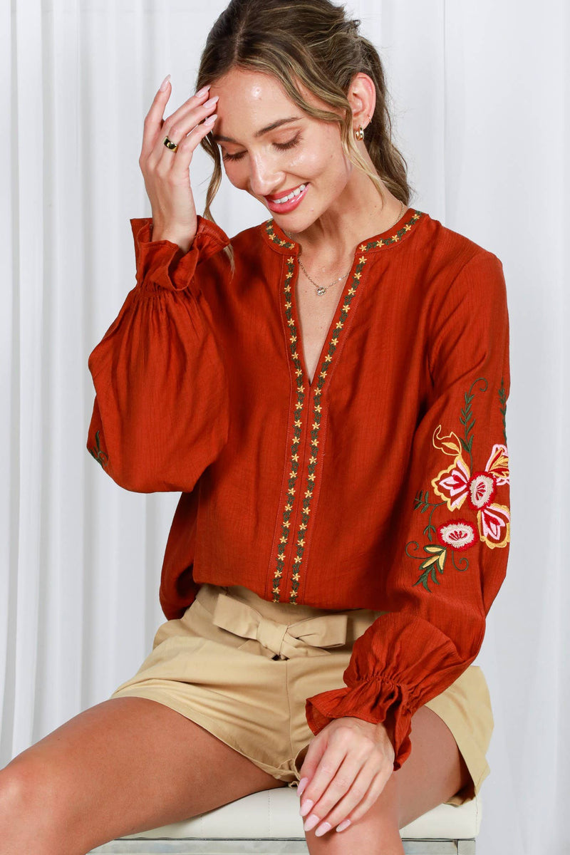 Bohemian Floral Embroidered Round Split Neck Blouse