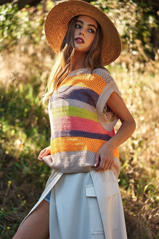 Crochet Multi Striped Pullover Knit Sweater Vest  (Online Only/Ships from USA)