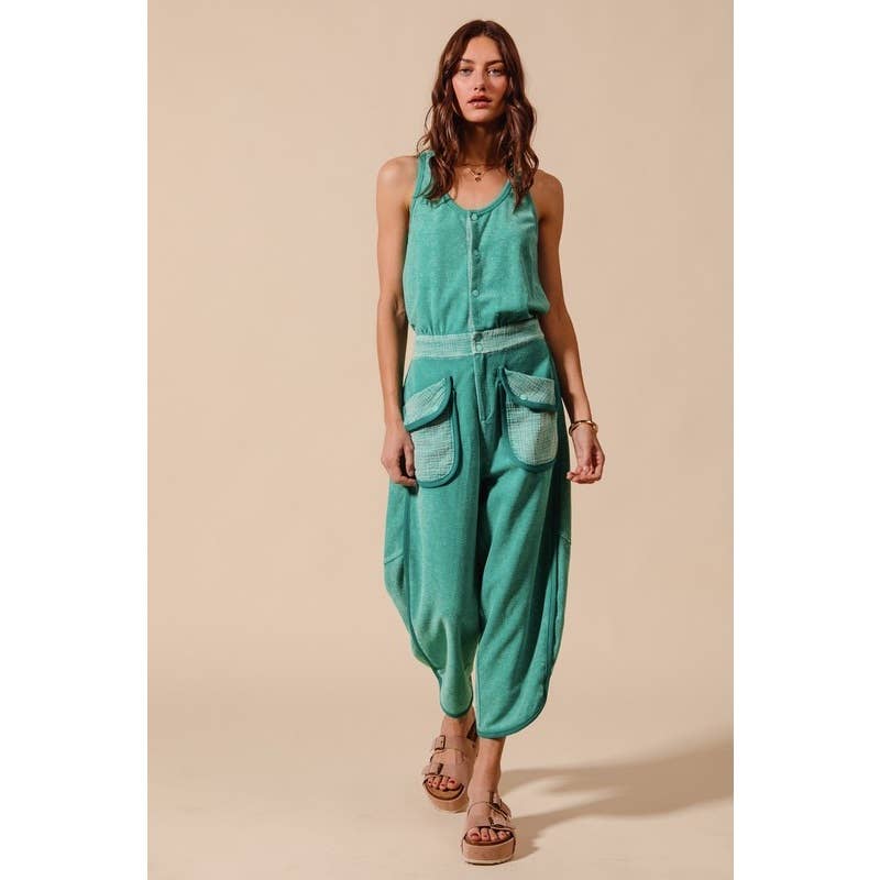 MINERAL WASHED BUTTON UP SCOOP NECK TERRY JUMPSUIT