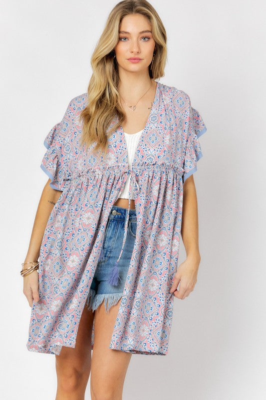 Printed Short Sleeve Ruffle Kimono (Online Only/Ships from USA)