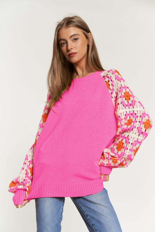 Crochet Detailed Long Sleeve Knit Sweater Top  (Online Only/Ships from USA)