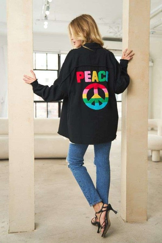 Multi Color Lettering Peace Symbol Button Up Shirt  (Online Only/Ships from USA)