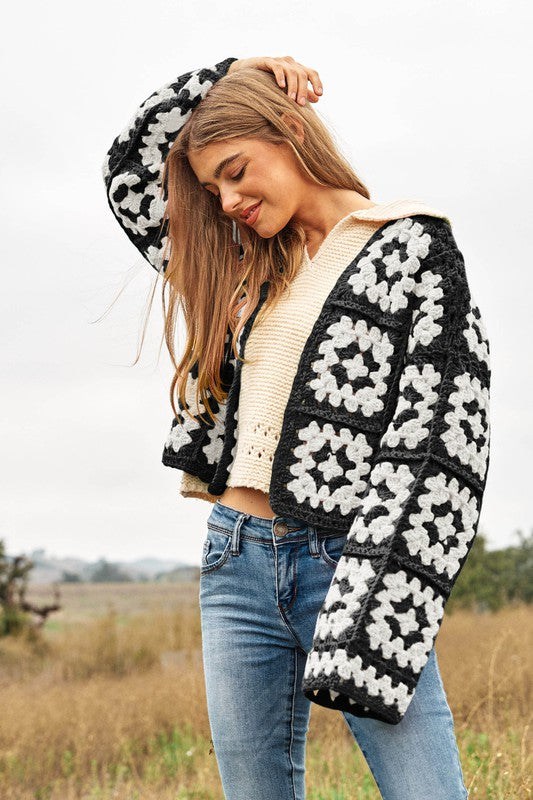 Two-Tone Floral Square Crochet Open Knit Cardigan (Online Only/Ships from USA)