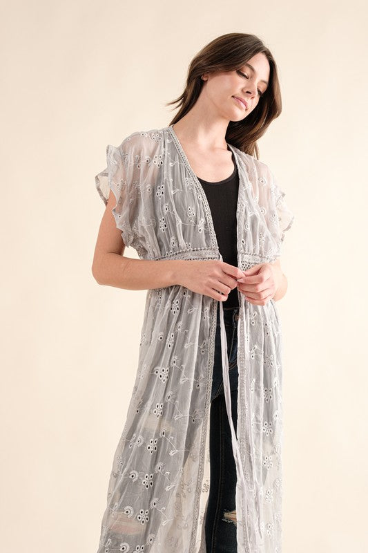 CHIFFON EMBROIDERY LACE KIMONO DUSTER CARDIGAN (Online Only/Ships from USA)