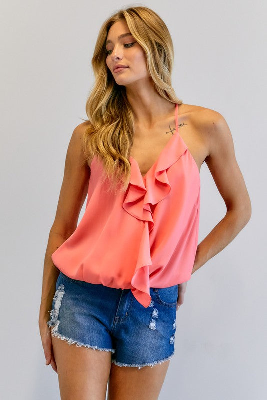 Solid V-Neck Sleeveless Ruffle Top  (Online Only/Ships from USA)