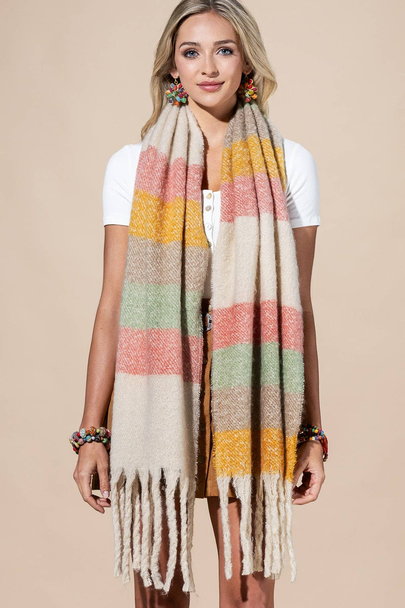 Multi Color Stripped Brushed Fringe Scarf