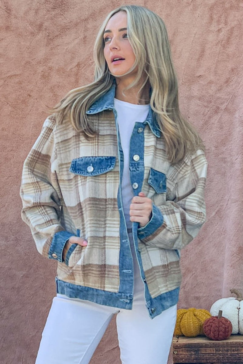 Washed Denim Detail Brushed Plaid Jacket (Online Only/Ships from USA)