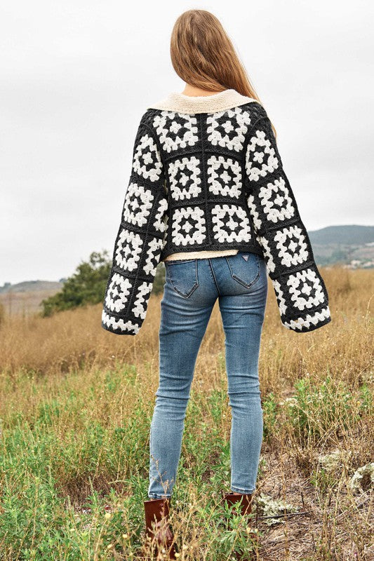 Two-Tone Floral Square Crochet Open Knit Cardigan (Online Only/Ships from USA)