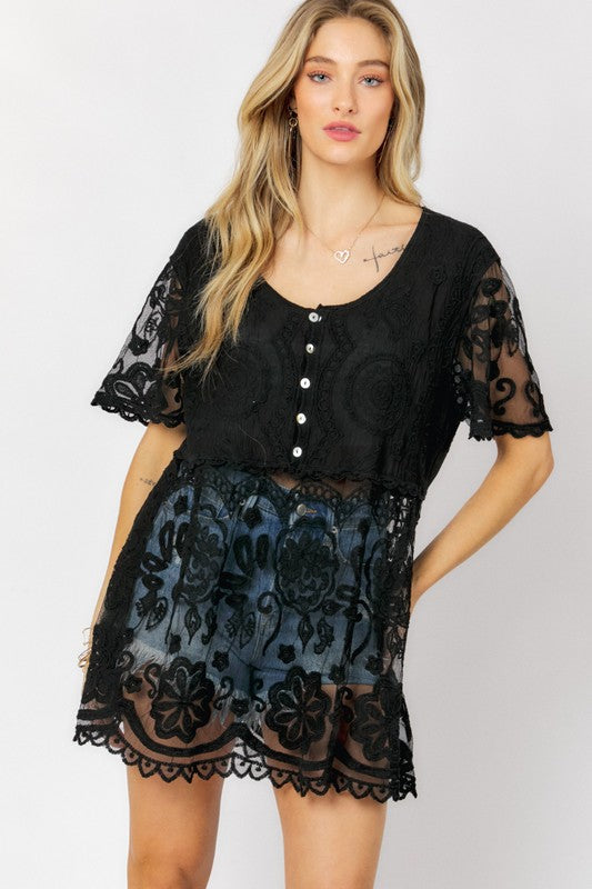 Crochet Round Neck Button Down Top  (Online Only/Ships from USA)