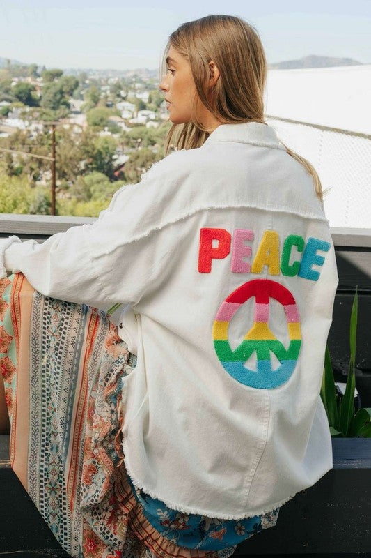 Multi Color Lettering Peace Symbol Button Up Shirt  (Online Only/Ships from USA)