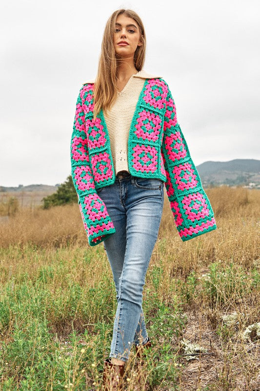 Two-Tone Floral Square Crochet Open Knit Cardigan (Online Only/Ships from USA)