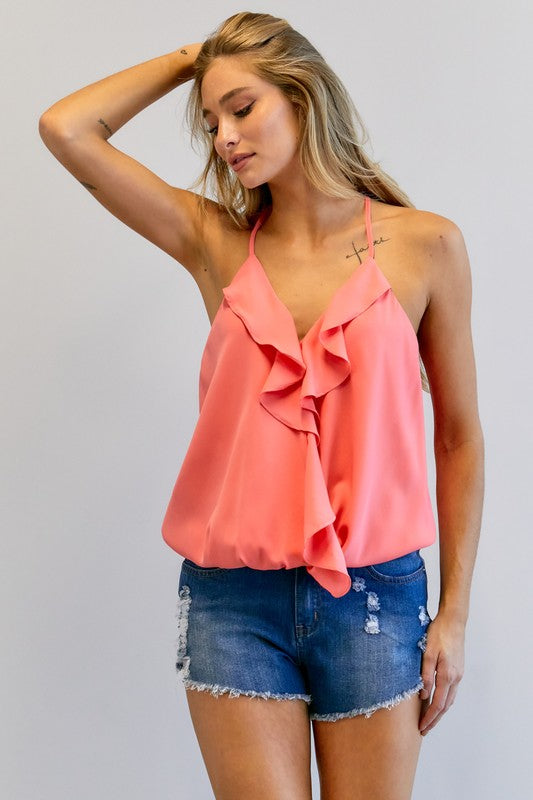 Solid V-Neck Sleeveless Ruffle Top  (Online Only/Ships from USA)