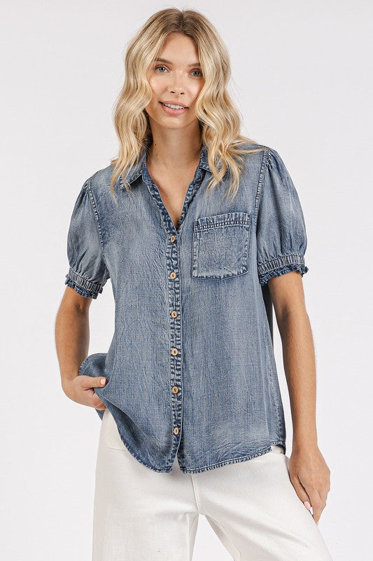 Chambray Puff Sleeve Shirt  (Online Only/Ships from USA)