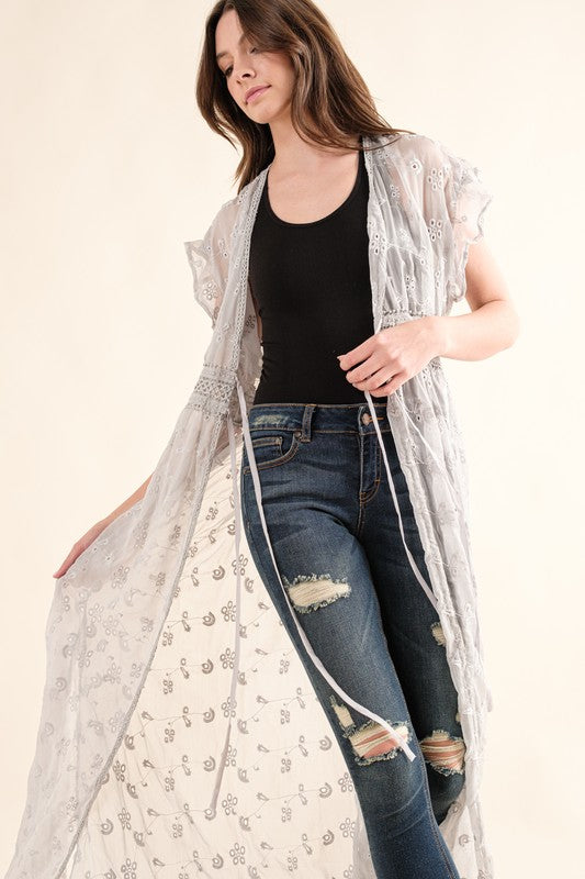 CHIFFON EMBROIDERY LACE KIMONO DUSTER CARDIGAN (Online Only/Ships from USA)