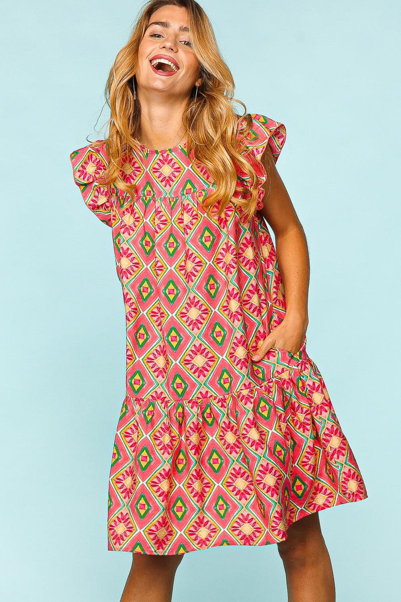 Ruffled Printed Dress with Side Pockets (Online Only/ Ships from USA)