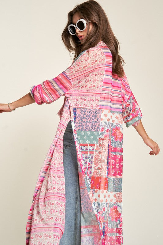 Mesh Print Mix Matched Button Front Cover Up  (Online Only/Ships from USA)