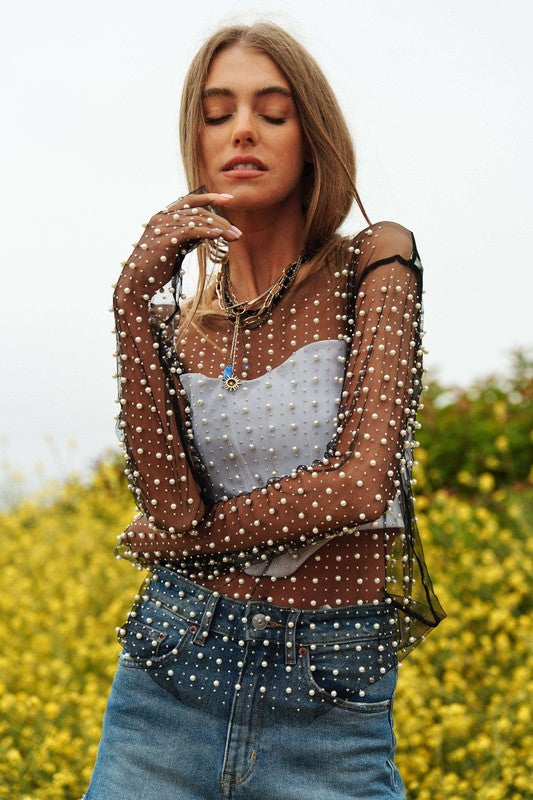 Bead and Pearl Embellished Long Sleeves Mesh Top (Online Only/Ships from USA)