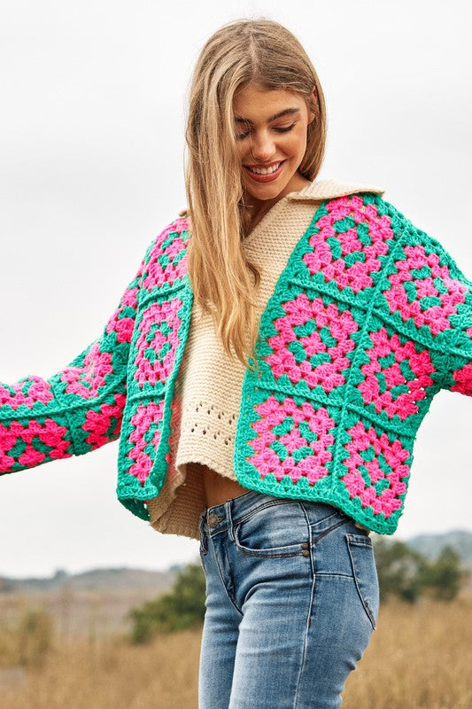 Two-Tone Floral Square Crochet Open Knit Cardigan (Online Only/Ships from USA)