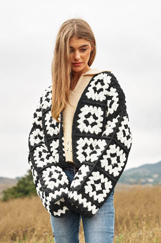 Two-Tone Floral Square Crochet Open Knit Cardigan (Online Only/Ships from USA)