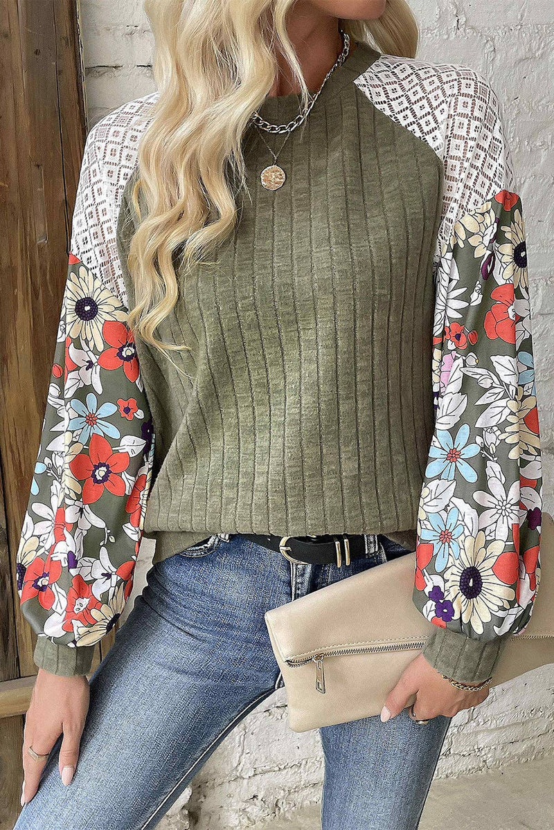 Floral Patchwork Raglan Sleeve Ribbed Blouse