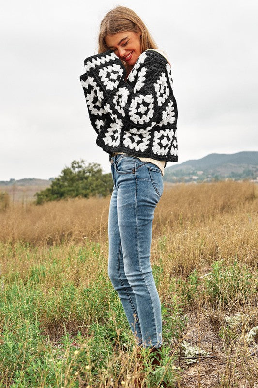 Two-Tone Floral Square Crochet Open Knit Cardigan (Online Only/Ships from USA)