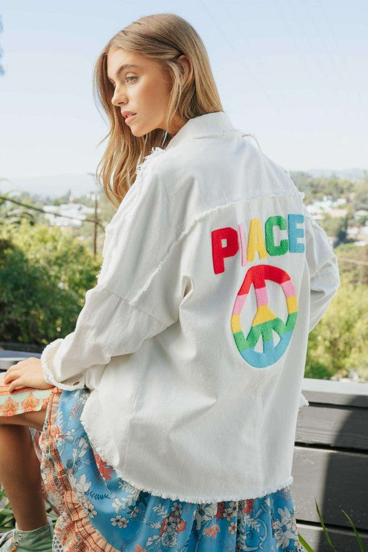 Multi Color Lettering Peace Symbol Button Up Shirt  (Online Only/Ships from USA)