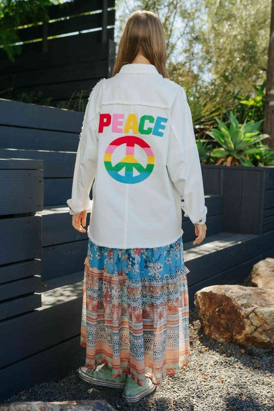 Multi Color Lettering Peace Symbol Button Up Shirt  (Online Only/Ships from USA)