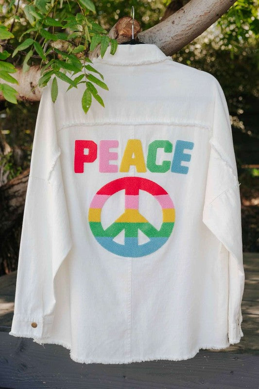 Multi Color Lettering Peace Symbol Button Up Shirt  (Online Only/Ships from USA)