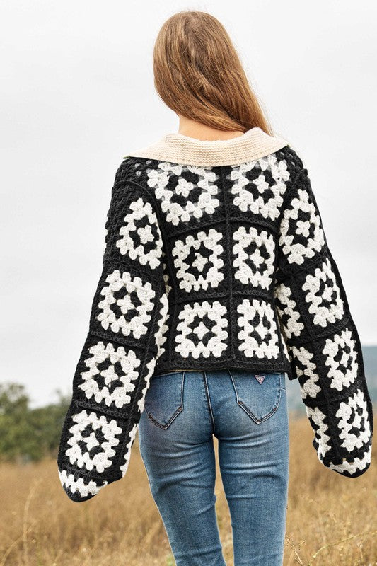 Two-Tone Floral Square Crochet Open Knit Cardigan (Online Only/Ships from USA)