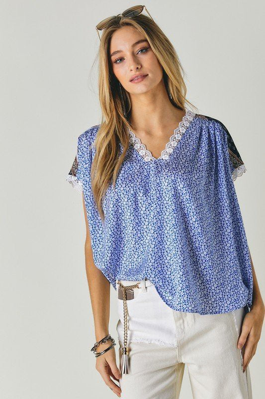 Printed Lace V-Neck Short Sleeve Loose Top  (Online Only/Ships from USA)