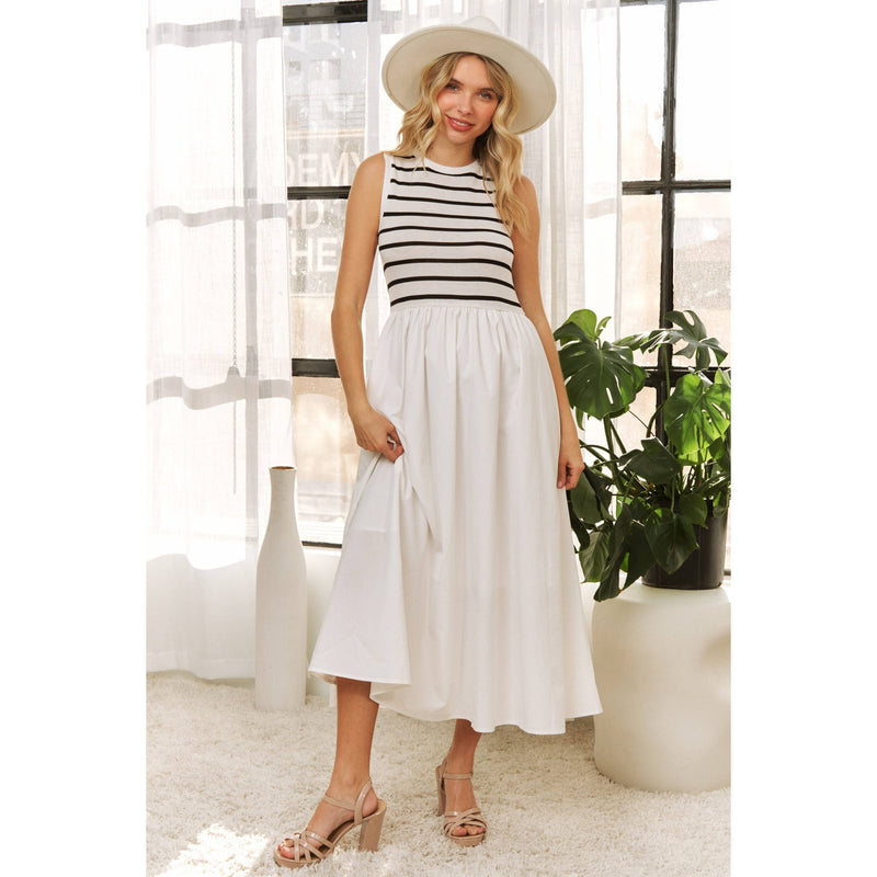 COTTON MAXI DRESS WITH KNIT STRIPE TOP WITH RIB BANDS