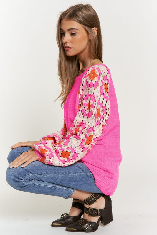 Crochet Detailed Long Sleeve Knit Sweater Top  (Online Only/Ships from USA)