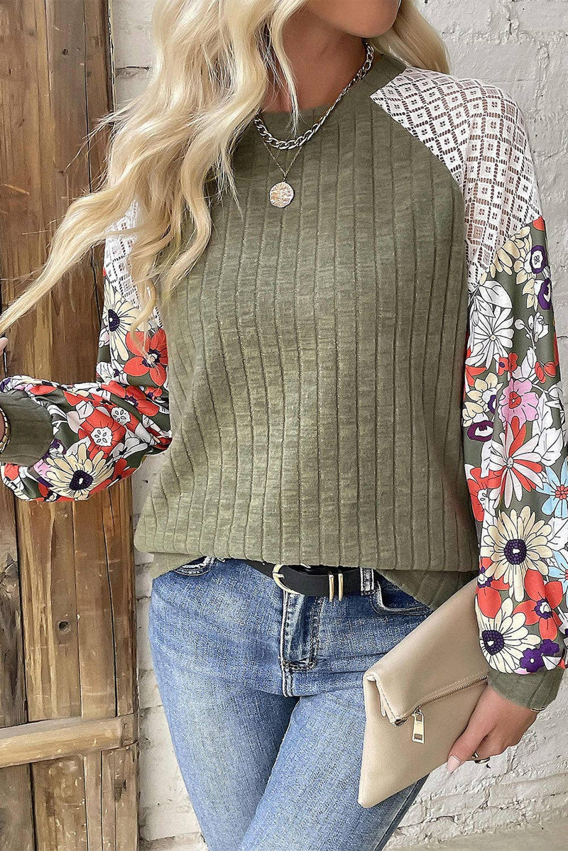 Floral Patchwork Raglan Sleeve Ribbed Blouse