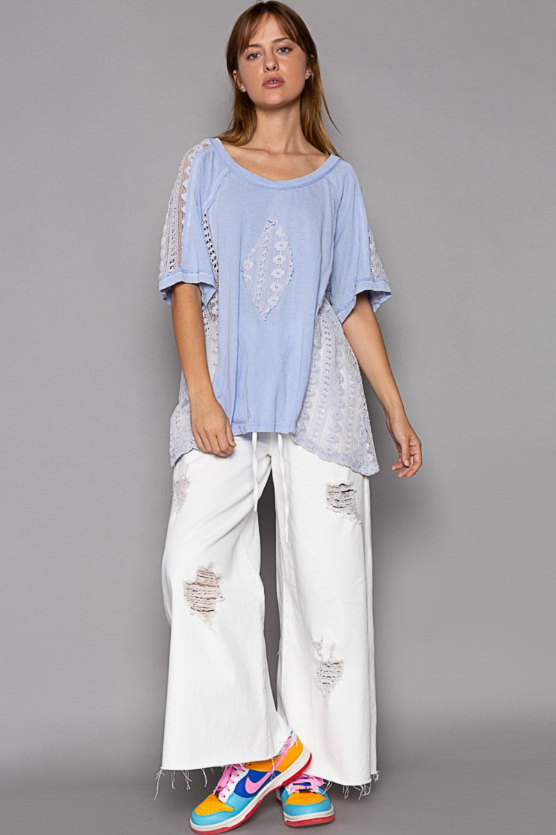 POL Short Sleeve Lace Crochet Panel Top (Online Only)