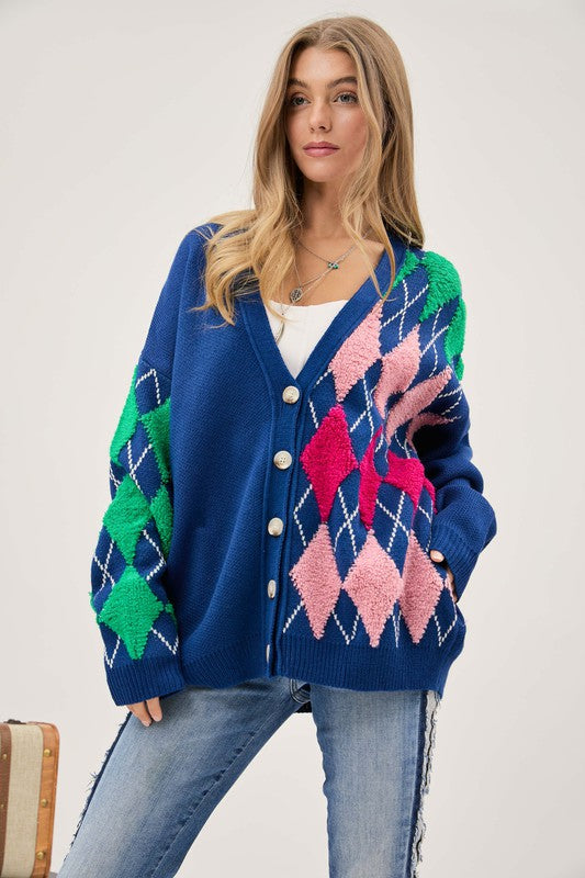 Plush Argyle Button Front Loose Fit Knit Cardigan  (Online Only/Ships from USA)