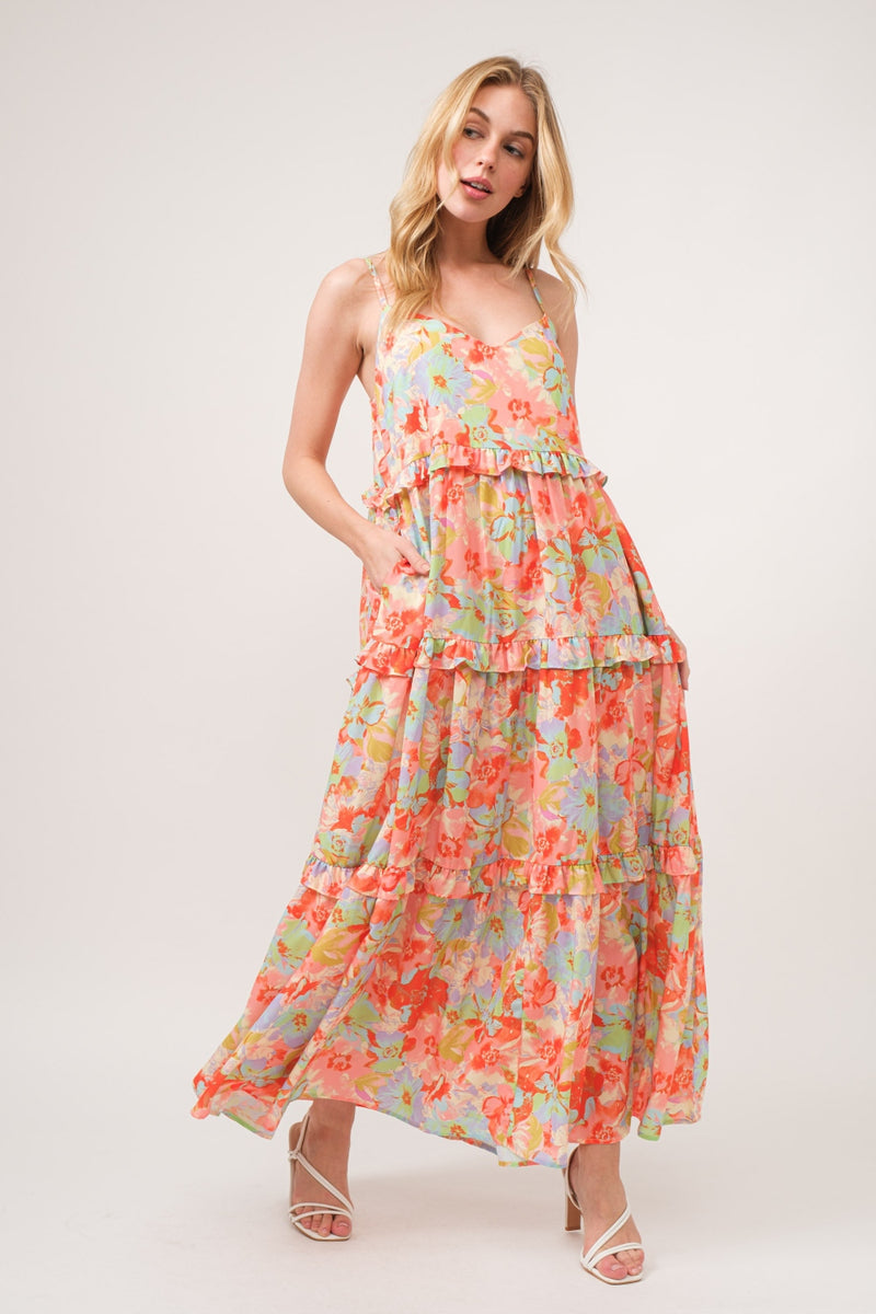 Floral Ruffled Tiered Maxi Adjustable Strap Cami Dress (Online Only/Ships from USA)