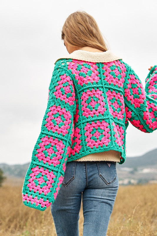 Two-Tone Floral Square Crochet Open Knit Cardigan (Online Only/Ships from USA)