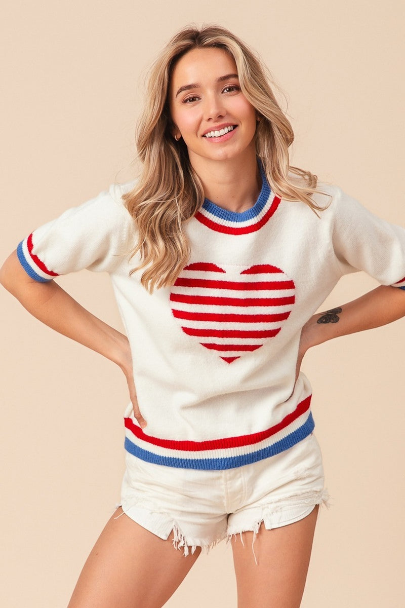 US Flag Theme Striped Heart Sweater (Online Only/Ships from USA)