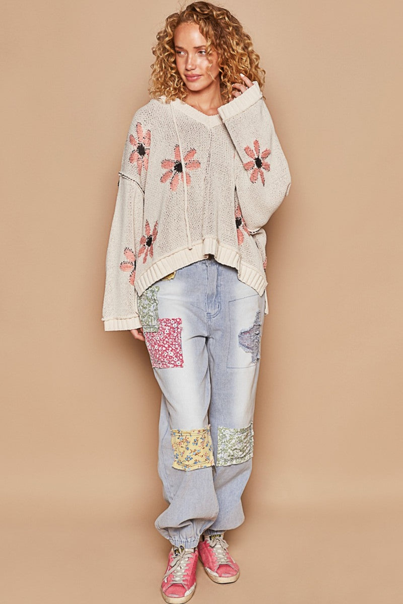 POL Floral Pattern Hooded High-Low Sweater (Online Only/Ships from USA)