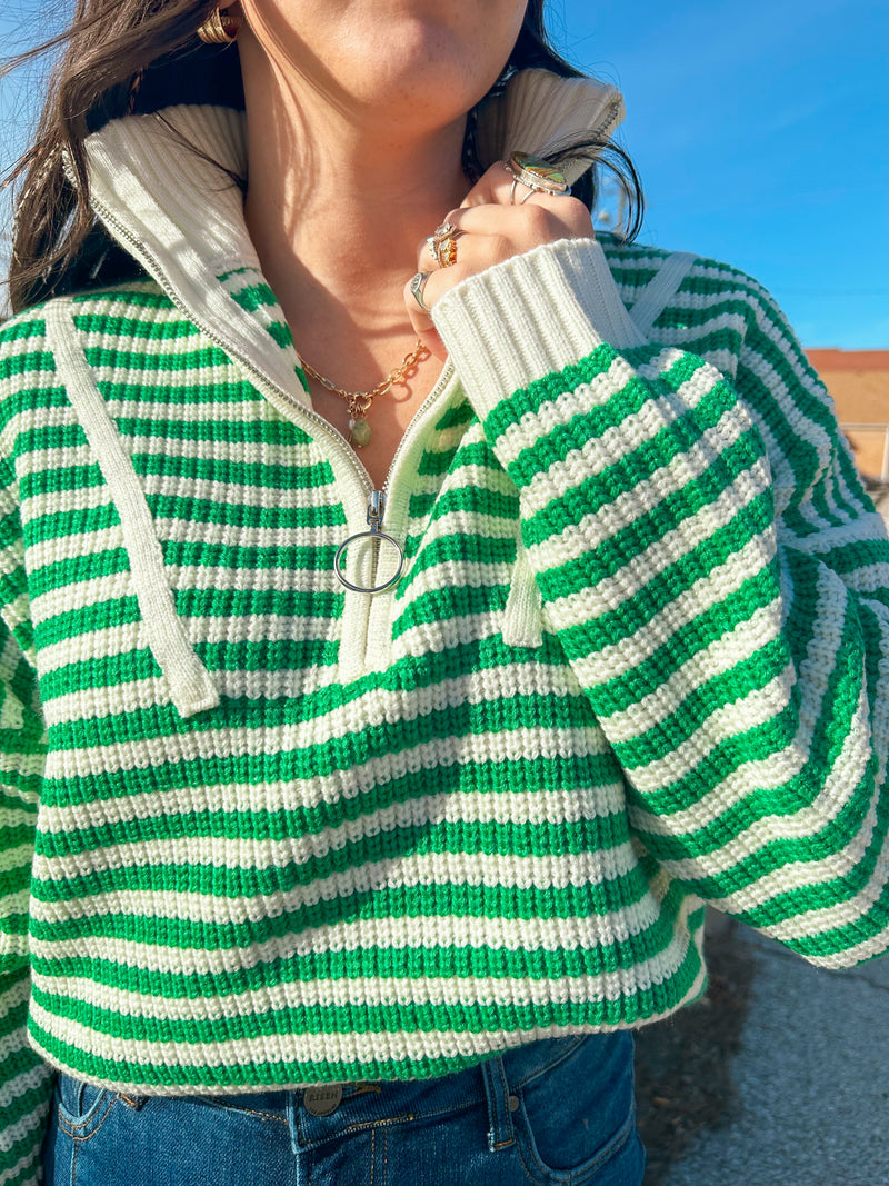 Green W/ Envy Half=Zip Stripe Sweater