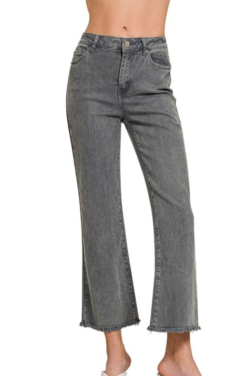 Acid Washed High Waist Frayed Hem Bootcut Jean