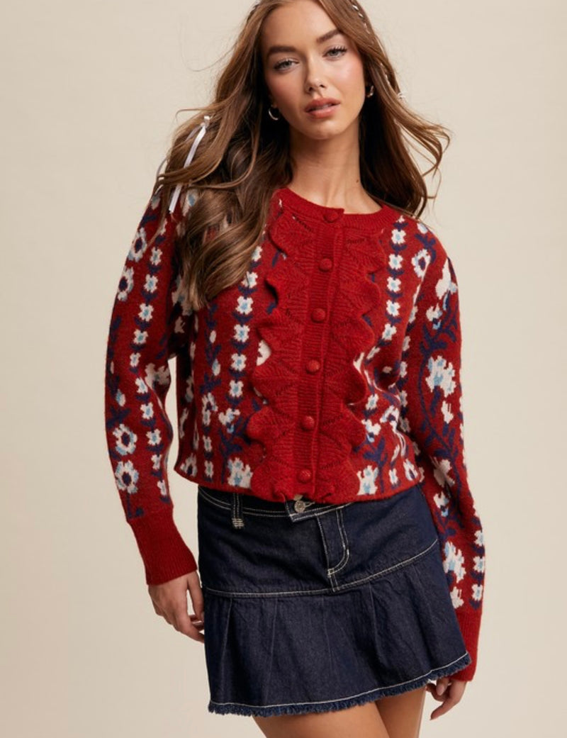 Flower Print Button Ruffle Front Cardigan