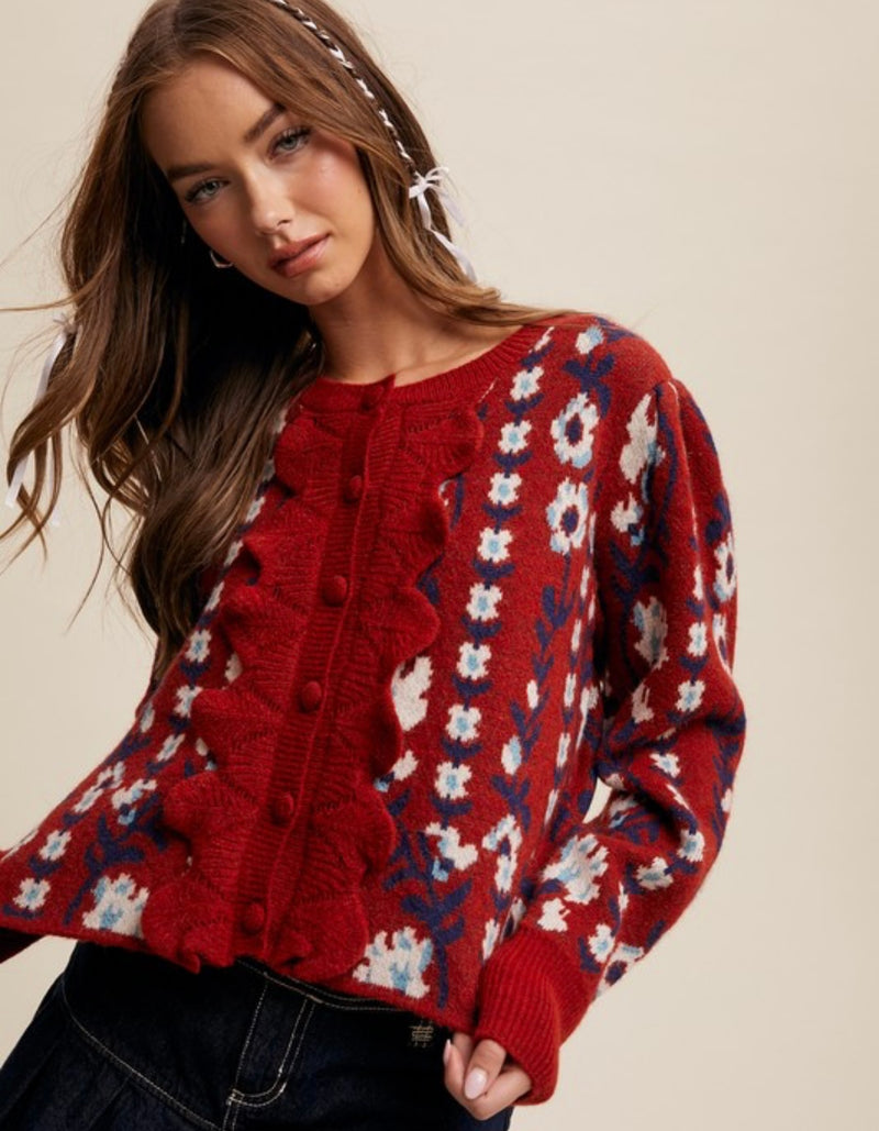 Flower Print Button Ruffle Front Cardigan