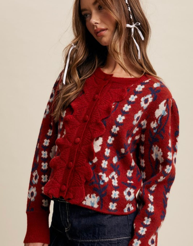 Flower Print Button Ruffle Front Cardigan